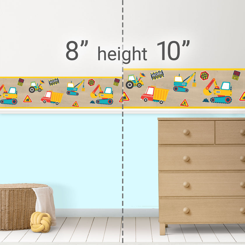 GB90270g8 Construction Zone Peel & Stick Wallpaper Border 8in H x 15ft Long Brown Yellow Blue Black