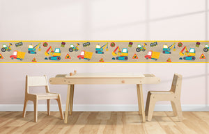 GB90270 Construction Zone Peel & Stick Wallpaper Border 10in H x 15ft L Yellow Red Blue Brown Black