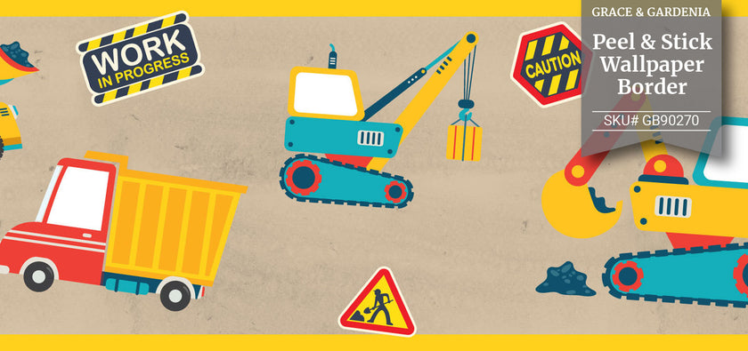 GB90270 Construction Zone Peel & Stick Wallpaper Border 10in H x 15ft L Yellow Red Blue Brown Black
