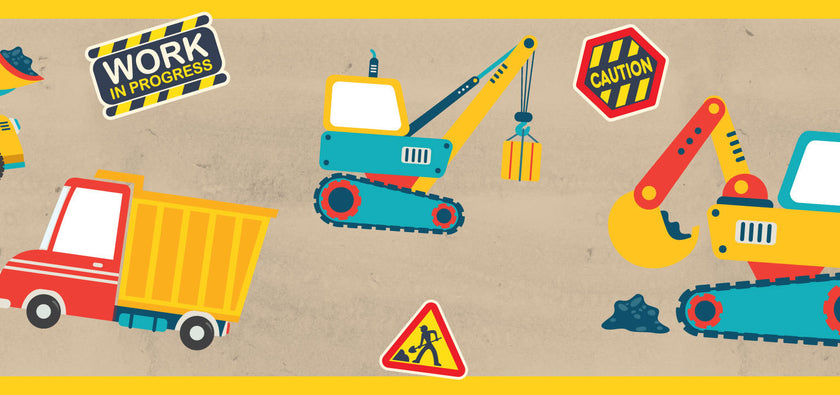 GB90270 Construction Zone Peel & Stick Wallpaper Border 10in H x 15ft L Yellow Red Blue Brown Black