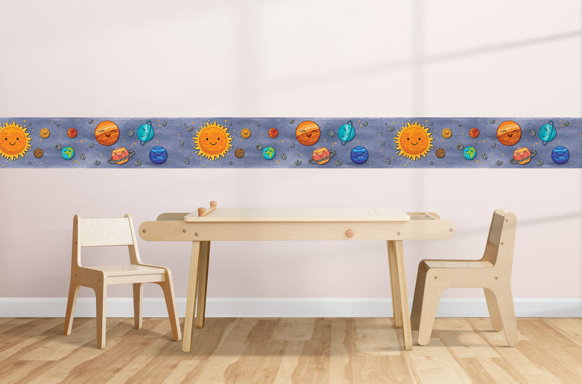 GB90280 Smiling Solar System Peel and Stick Wallpaper Border 10in or 8in Height x 15ft Long, Blue Orange Yellow