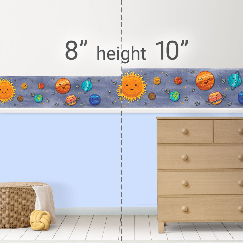 GB90280 Smiling Solar System Peel and Stick Wallpaper Border 10in or 8in Height x 15ft Long, Blue Orange Yellow