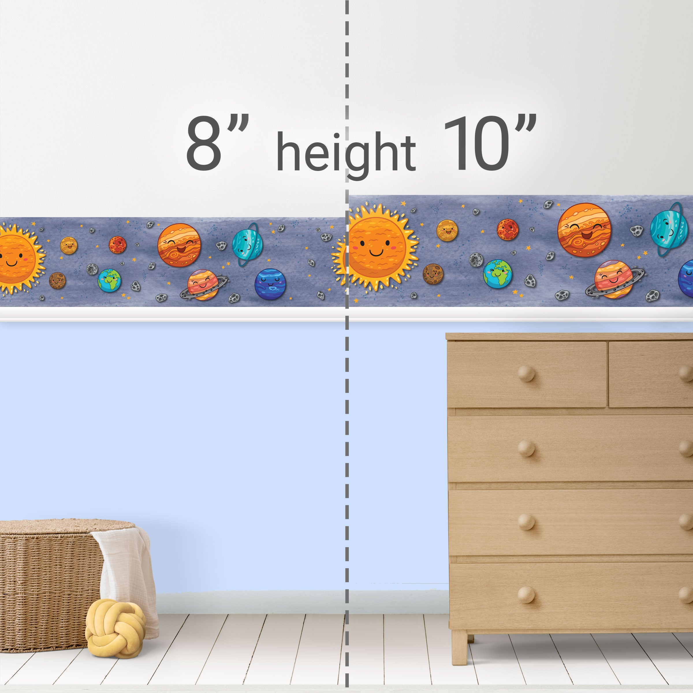 GB90280g8 Grace & Gardenia Smiling Solar System Peel and Stick Wallpaper Border 8in Height x 18ft Long, Blue Orange Yellow