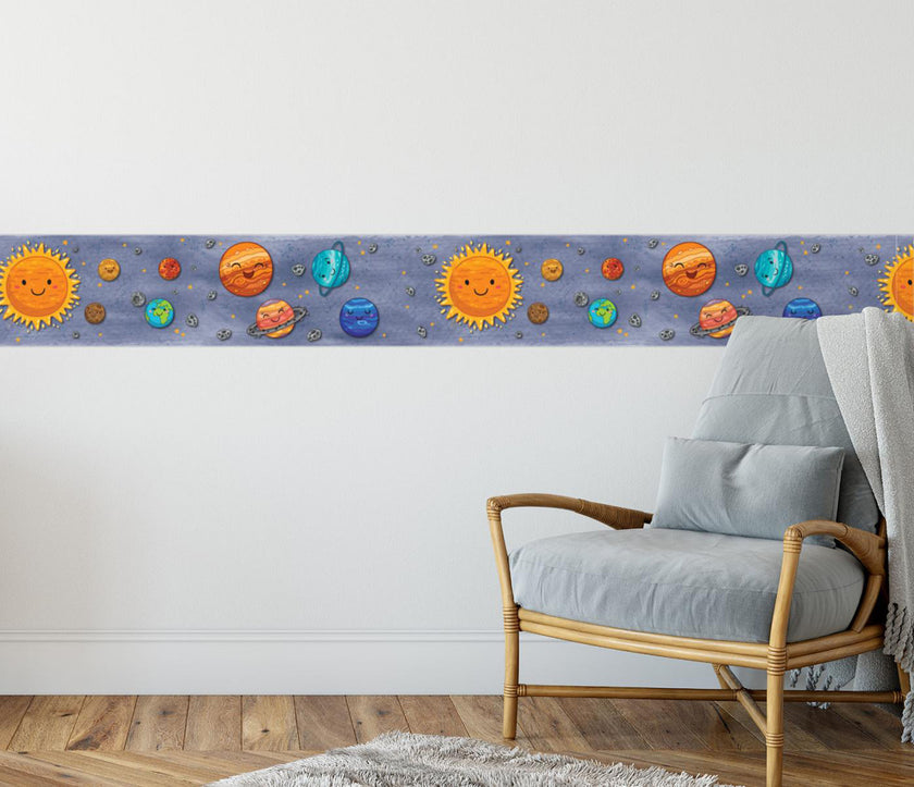 GB90280 Smiling Solar System Peel and Stick Wallpaper Border 10in or 8in Height x 15ft Long, Blue Orange Yellow