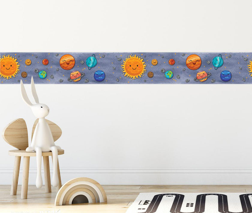 GB90280g8 Smiling Solar System Peel and Stick Wallpaper Border 8in Height x 15ft Long, Blue Orange Yellow
