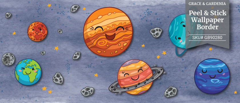GB90280 Smiling Solar System Peel and Stick Wallpaper Border 10in Height x 15ft Long, Blue Orange Yellow