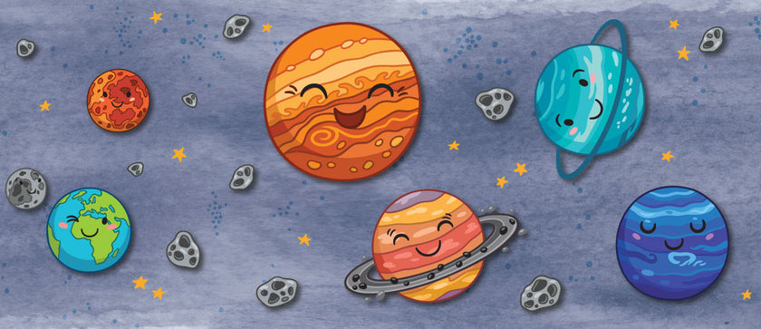 GB90280 Smiling Solar System Peel and Stick Wallpaper Border 10in or 8in Height x 15ft Long, Blue Orange Yellow