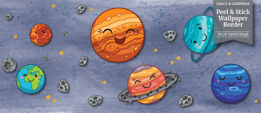 GB90280g8 Smiling Solar System Peel and Stick Wallpaper Border 8in Height x 15ft Long, Blue Orange Yellow