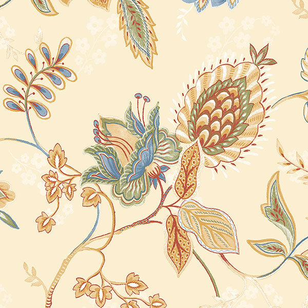 Norwall Grand Chateau GC29831 Jacobean Floral Wallpaper Blue, Ochre, Red, Green