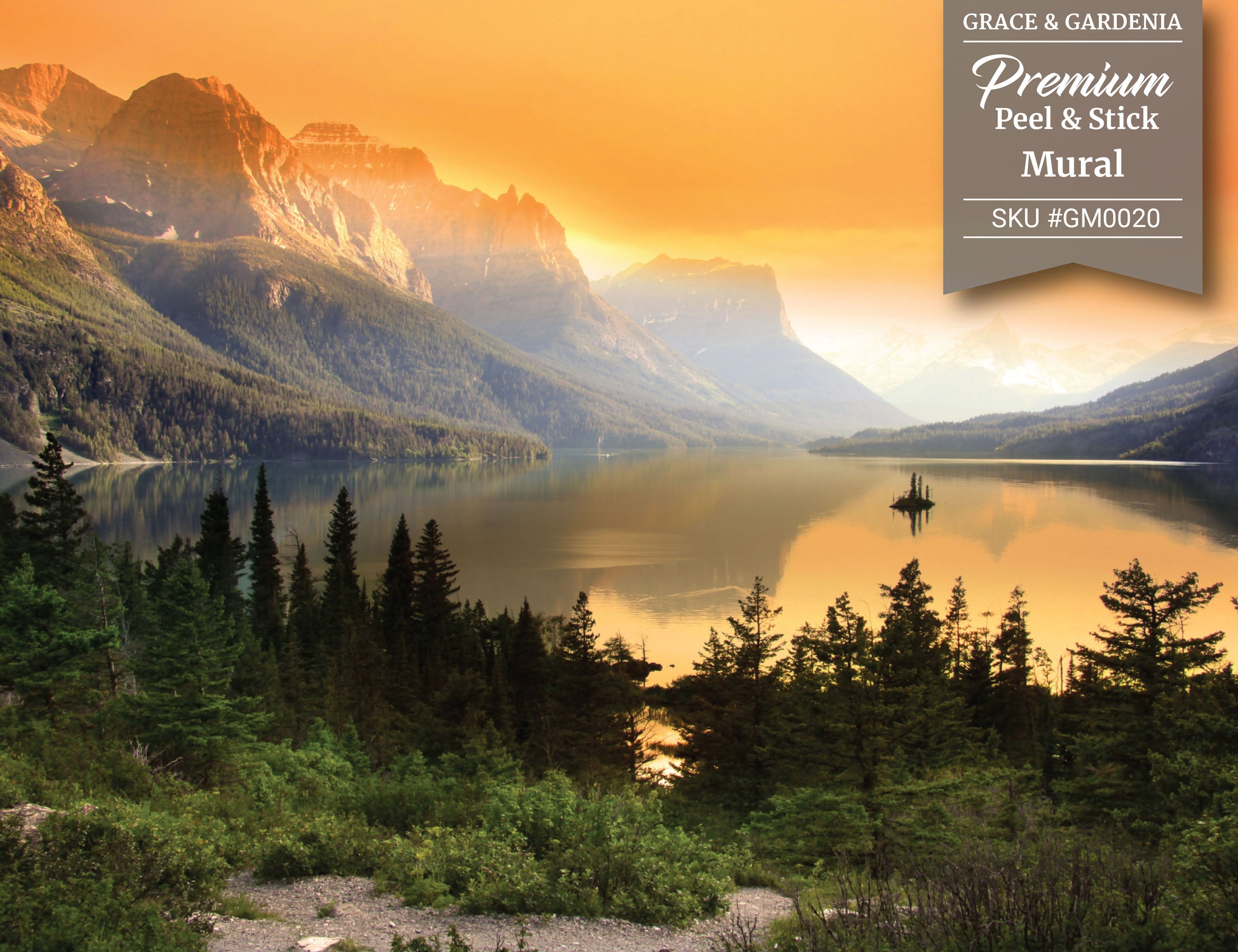 GM0020 Glacier National Park Wallpaper Mural, Premium Peel and Stick Material, Wall Decoration For Living room, Bedroom and Offices, Orange Yellow