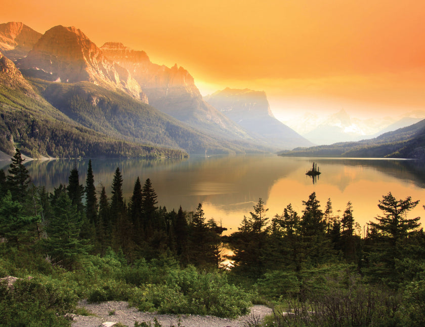 GM0020 Glacier National Park Wallpaper Mural, Premium Peel and Stick Material, Wall Decoration For Living room, Bedroom and Offices, Orange Yellow