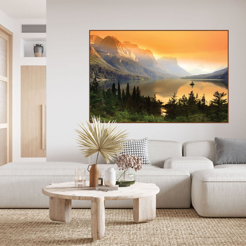 GM0020 Glacier National Park Wallpaper Mural, Premium Peel and Stick Material, Wall Decoration For Living room, Bedroom and Offices, Orange Yellow