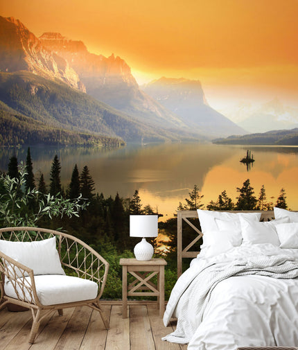 GM0020 Glacier National Park Wallpaper Mural, Premium Peel and Stick Material, Wall Decoration For Living room, Bedroom and Offices, Orange Yellow