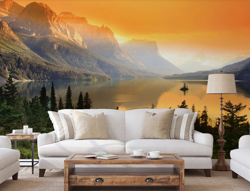 GM0020 Glacier National Park Wallpaper Mural, Premium Peel and Stick Material, Wall Decoration For Living room, Bedroom and Offices, Orange Yellow
