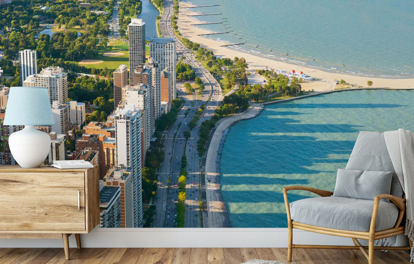 GM0030 Grace & Gardenia Chicago Lakeshore Drive Premium Peel and Stick Mural 13ft. wide x 10ft. height, Blue Green Gray