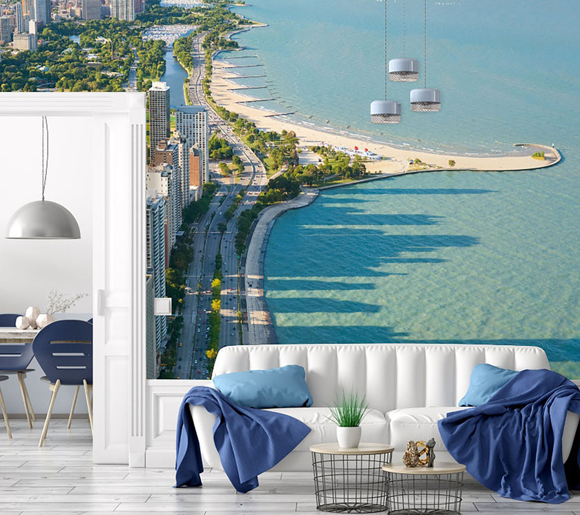 GM0030 Grace & Gardenia Chicago Lakeshore Drive Premium Peel and Stick Mural 13ft. wide x 10ft. height, Blue Green Gray