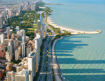 GM0030 Grace & Gardenia Chicago Lakeshore Drive Premium Peel and Stick Mural 13ft. wide x 10ft. height, Blue Green Gray