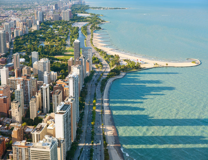 GM0030U Grace & Gardenia Chicago Lakeshore Drive Unpasted Premium Matte Paper Mural Mural 13ft. wide x 10ft. height, Blue/Green/Gray