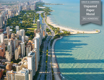 GM0030U Grace & Gardenia Chicago Lakeshore Drive Unpasted Premium Matte Paper Mural Mural 13ft. wide x 10ft. height, Blue/Green/Gray