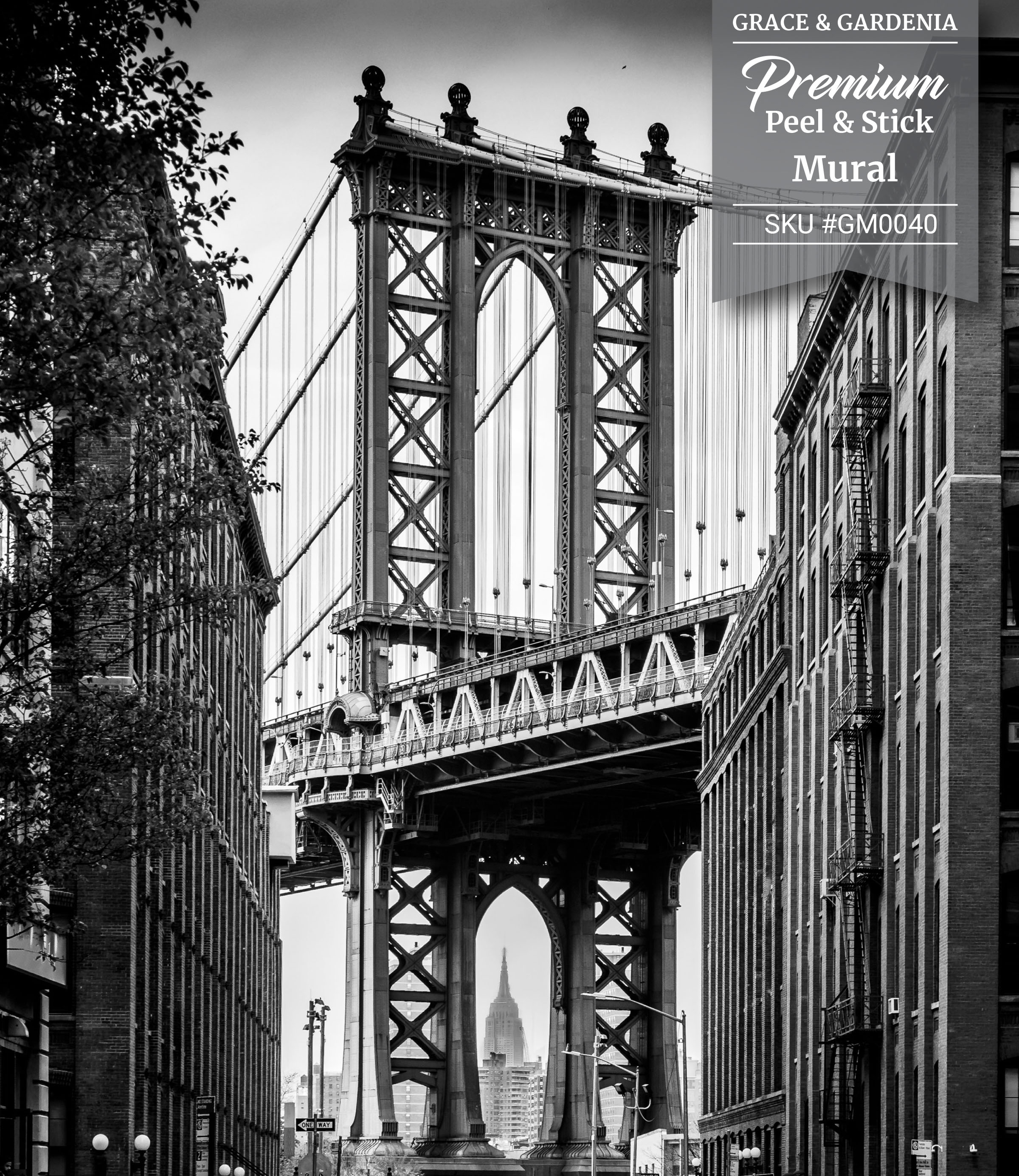 GM0040 Grace & Gardenia Manhattan Bridge Premium Peel and Stick Mural 8.67ft. wide x 10ft. height, Black White Gray