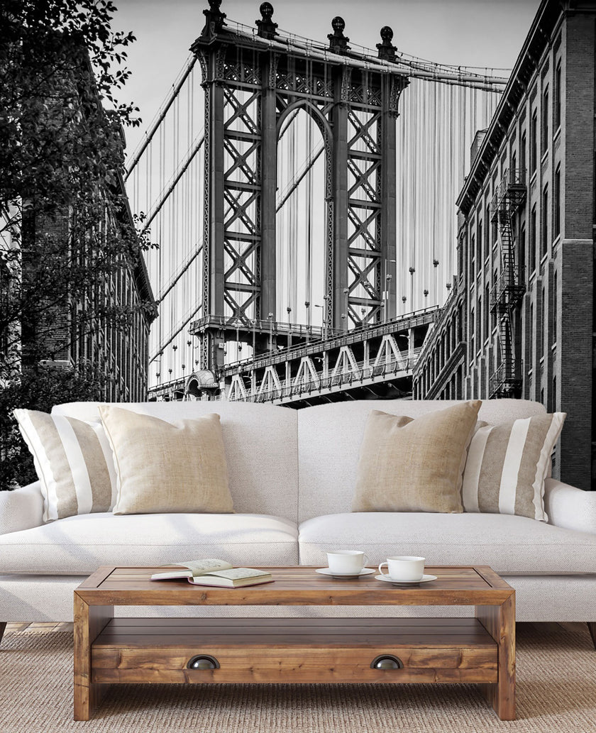 GM0040U Grace & Gardenia Manhattan Bridge Unpasted Premium Matte Paper Mural 8.67ft. wide x 10ft. height, Black/White/Gray