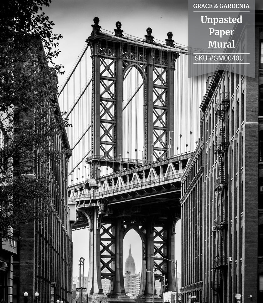 GM0040U Grace & Gardenia Manhattan Bridge Unpasted Premium Matte Paper Mural 8.67ft. wide x 10ft. height, Black/White/Gray