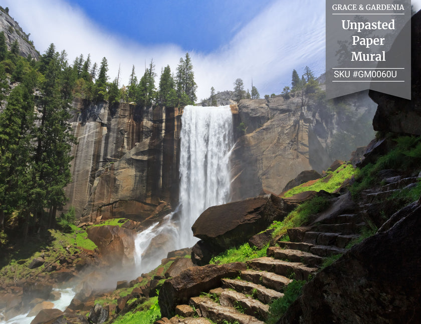 GM0060 Grace & Gardenia Yosemite Waterfall Premium Peel and Stick Mural 13ft. wide x 10ft. height, Green White Brown Blue