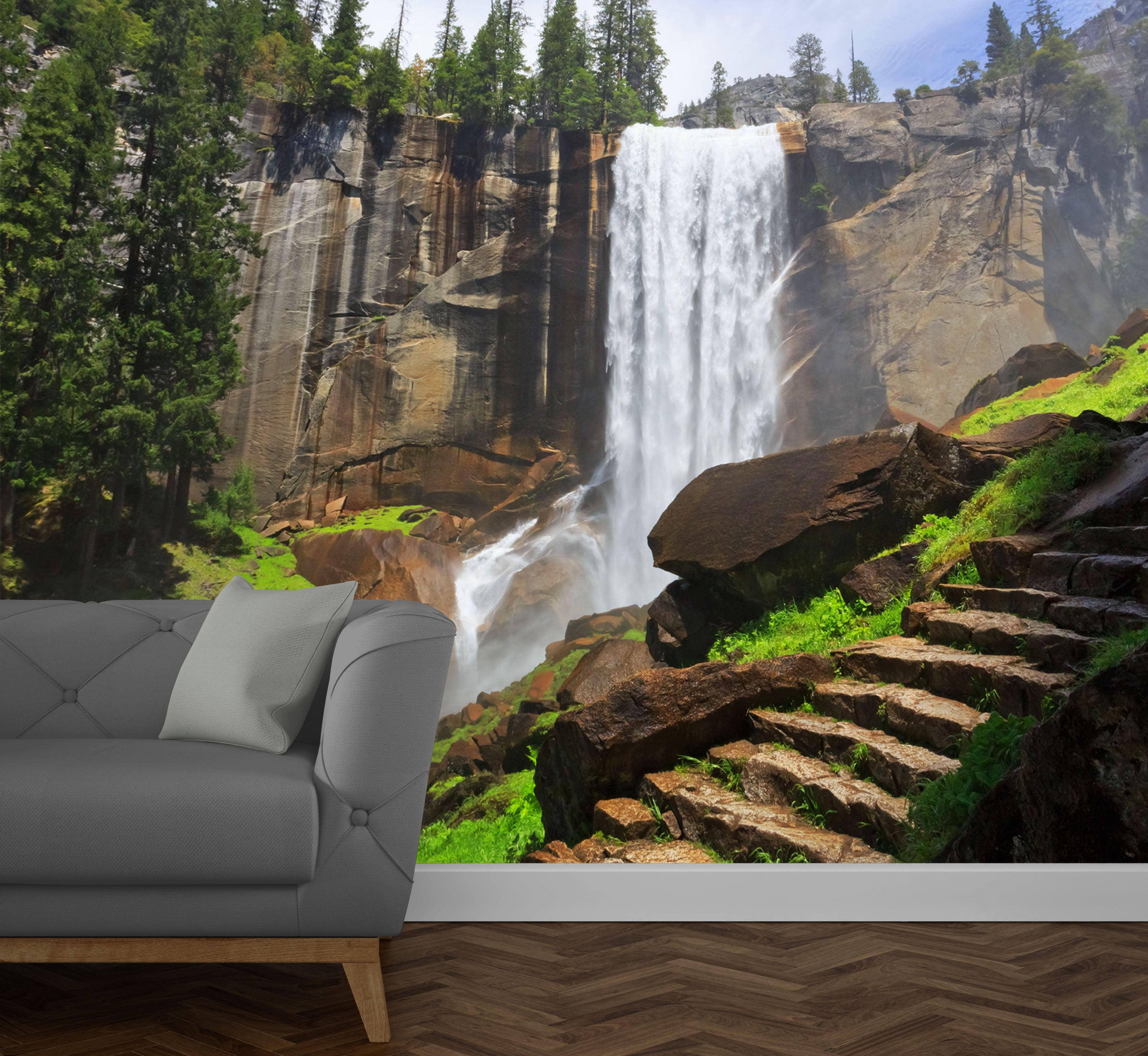 GM0060U Grace & Gardenia Yosemite Waterfall Unpasted Premium Matte Paper Mural 13ft. wide x 10ft. height, Green/White/Brown/Blue