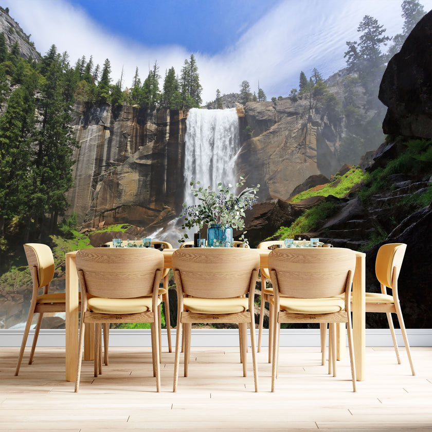 GM0060U Grace & Gardenia Yosemite Waterfall Unpasted Premium Matte Paper Mural 13ft. wide x 10ft. height, Green/White/Brown/Blue