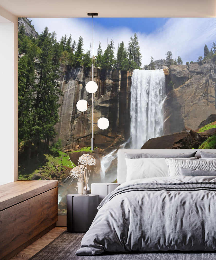 GM0060U Grace & Gardenia Yosemite Waterfall Unpasted Premium Matte Paper Mural 13ft. wide x 10ft. height, Green/White/Brown/Blue