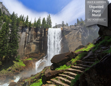 GM0060U Grace & Gardenia Yosemite Waterfall Unpasted Premium Matte Paper Mural 13ft. wide x 10ft. height, Green/White/Brown/Blue
