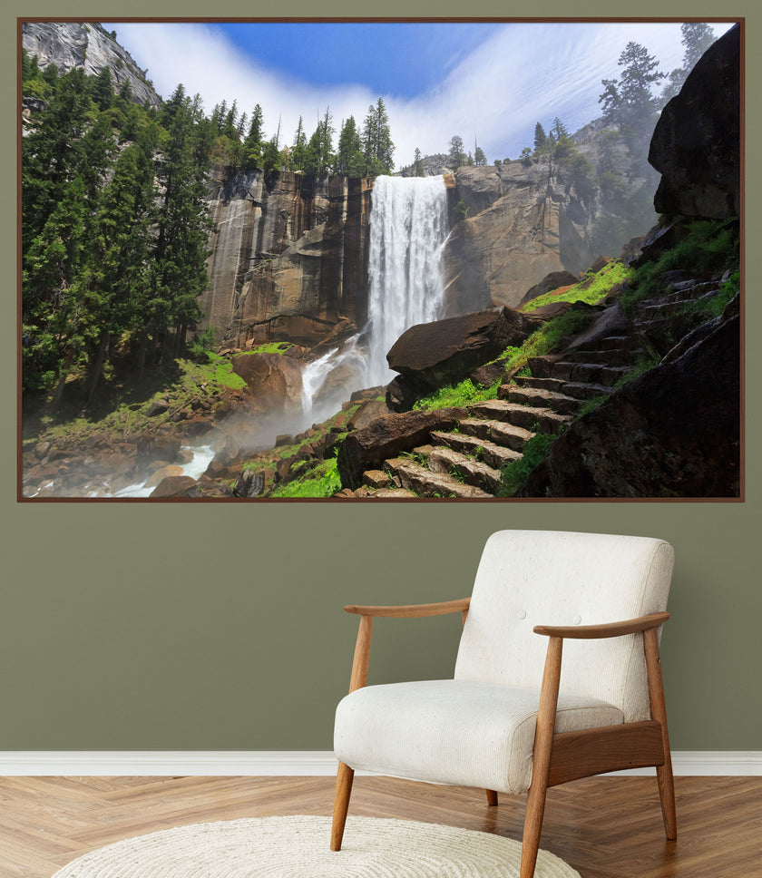 GM006F Grace & Gardenia Yosemite Waterfall Premium Peel and Stick Mural 69 inch wide x 46 inch height Green White Brown Blue