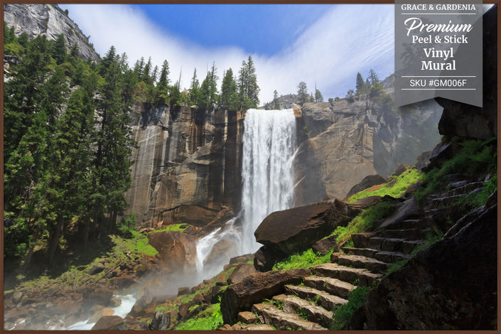 GM006F Grace & Gardenia Yosemite Waterfall Premium Peel and Stick Mural 69 inch wide x 46 inch height Green White Brown Blue