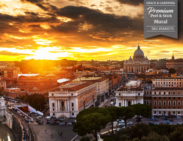 GM0070 Grace & Gardenia Sunset in Rome Premium Peel and Stick Mural 13ft. wide x 10ft. height, Orange Gray White