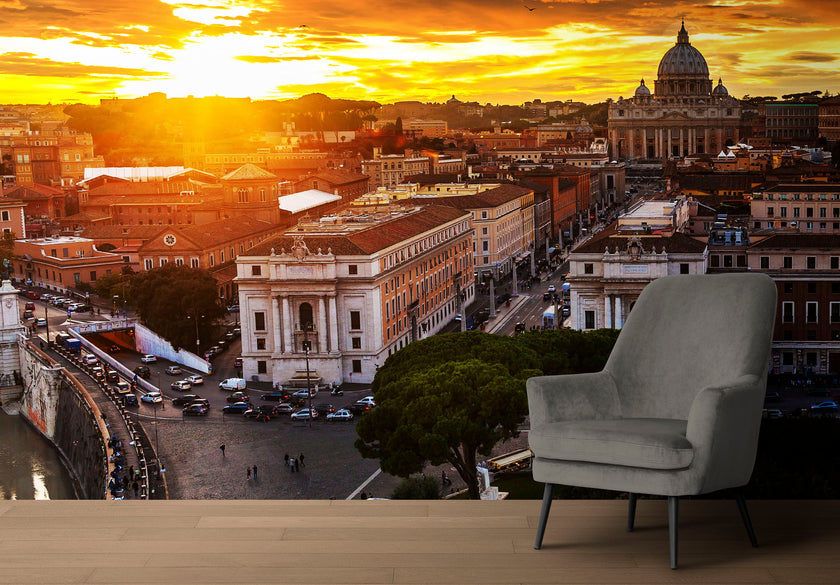 GM0070 Grace & Gardenia Sunset in Rome Premium Peel and Stick Mural 13ft. wide x 10ft. height, Orange Gray White