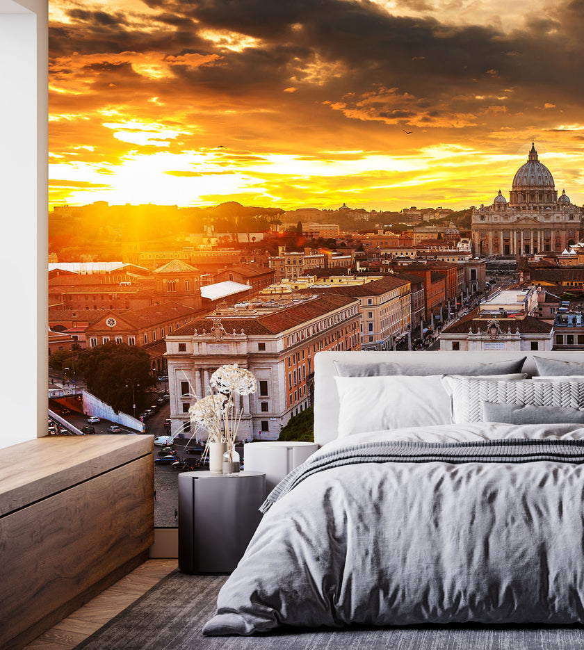 GM0070U Grace & Gardenia Sunset in Rome Unpasted Premium Matte Paper Mural 13ft. wide x 10ft. height, Orange/Gray/White