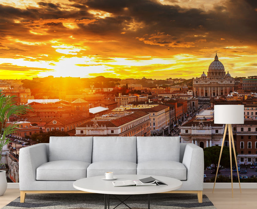 GM0070 Grace & Gardenia Sunset in Rome Premium Peel and Stick Mural 13ft. wide x 10ft. height, Orange Gray White