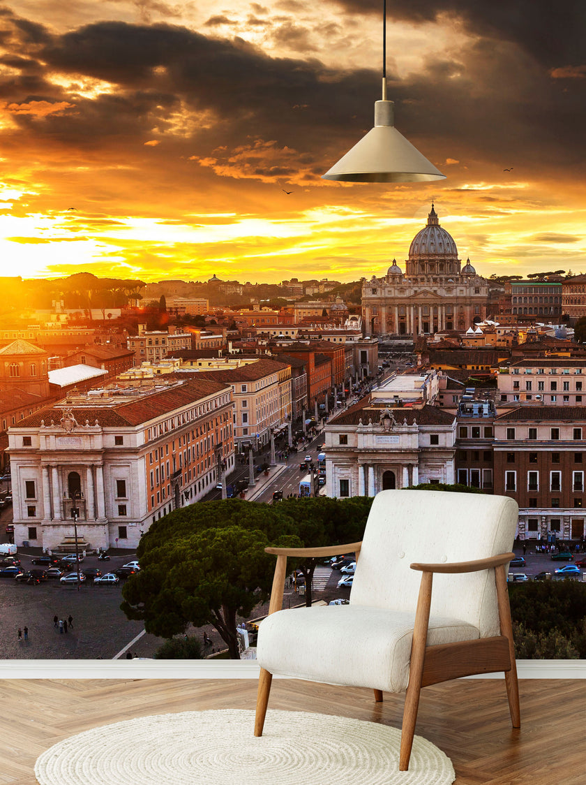 GM0070U Grace & Gardenia Sunset in Rome Unpasted Premium Matte Paper Mural 13ft. wide x 10ft. height, Orange/Gray/White