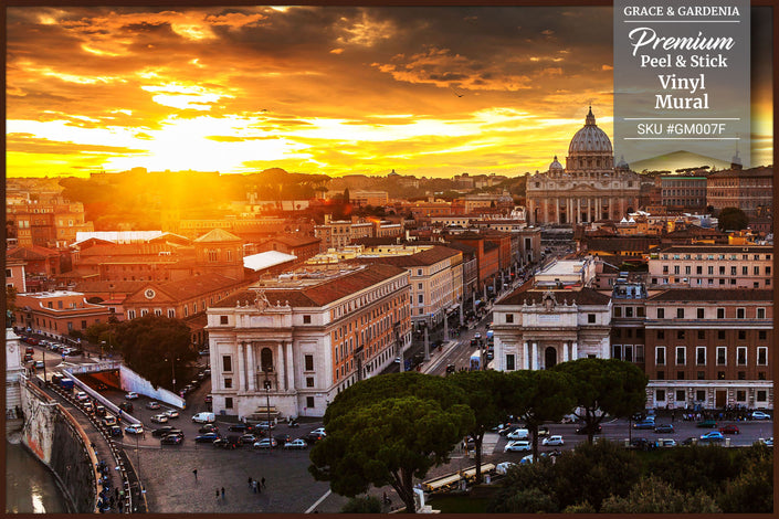 GM007F Grace & Gardenia Sunset in Rome Premium Peel and Stick Mural 69 inch wide x 46 inch height Orange Gray White