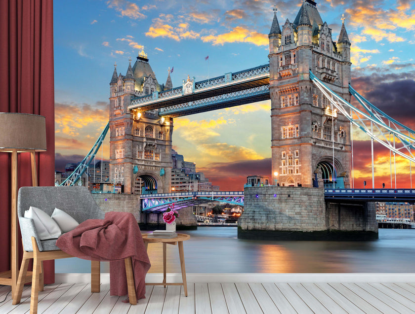 GM0080U Grace & Gardenia Tower Bridge London Unpasted Premium Matte Paper Mural 13ft. wide x 10ft. height, Blue/Gray/Yellow