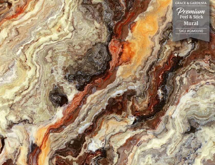 GM0090 Grace & Gardenia Onyx Marble Premium Peel and Stick Mural 13ft. wide x 10ft. height, Orange Gray Beige Brown