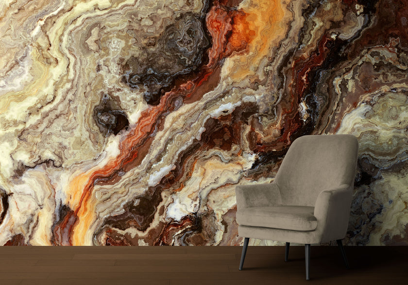 GM0090U Grace & Gardenia Onyx Marble Unpasted Premium Matte Paper Mural 13ft. wide x 10ft. height, Orange/Gray/Beige/Brown