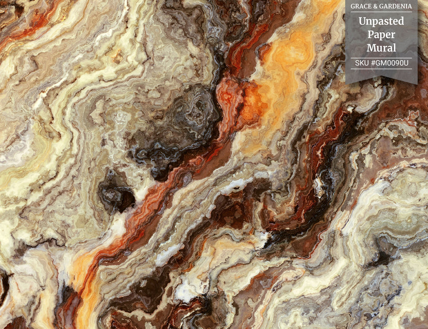 GM0090U Grace & Gardenia Onyx Marble Unpasted Premium Matte Paper Mural 13ft. wide x 10ft. height, Orange/Gray/Beige/Brown