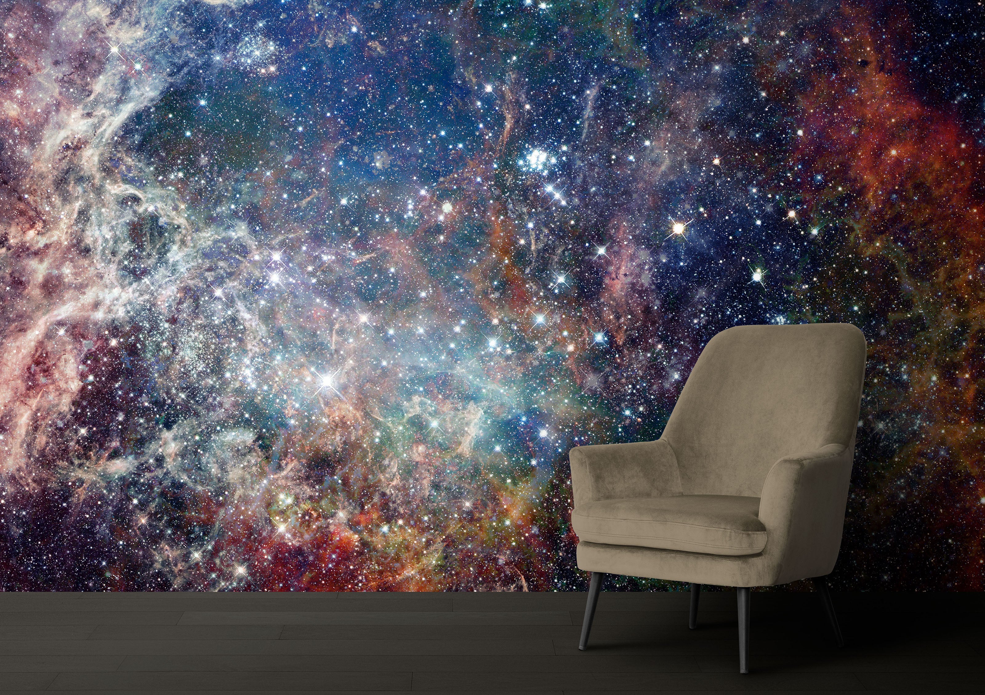 GM0100U Grace & Gardenia Deep Space Stars Unpasted Premium Matte Paper Mural 13ft. wide x 10ft. height, Blue/White/Yellow/Orange