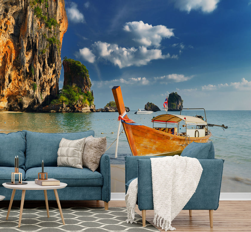 GM0110 Grace & Gardenia Tropical Cove Premium Peel and Stick Mural 13ft. wide x 10ft. height, Blue Orange Beige