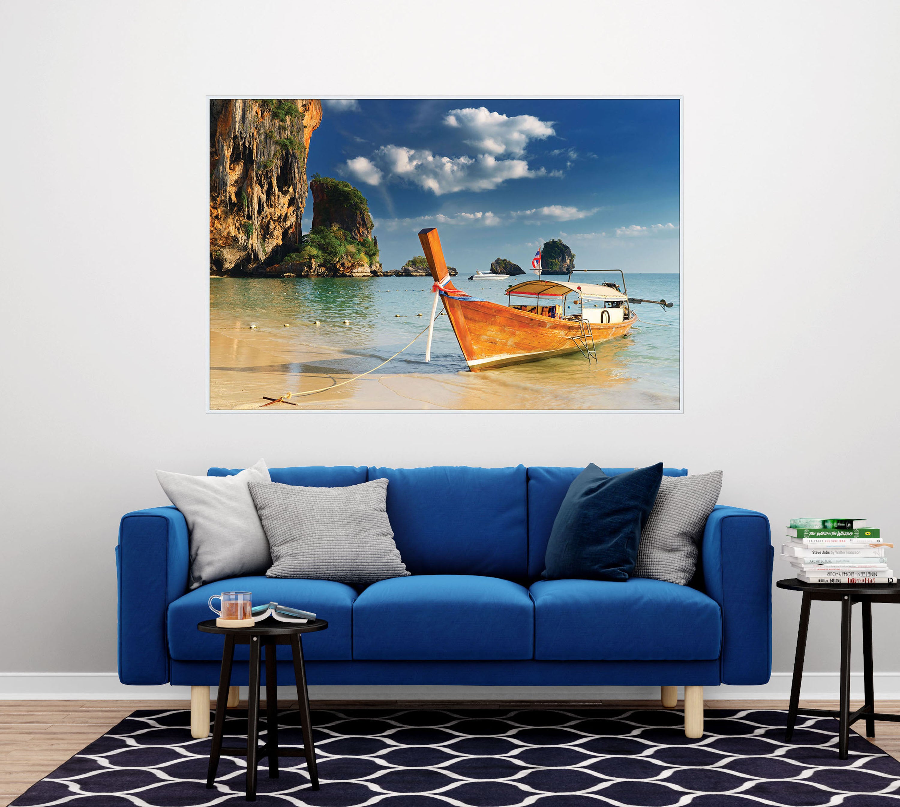 GM011F Grace & Gardenia Tropical Cove Premium Peel and Stick Mural 69 inch wide x 46 inch height Blue Orange Beige