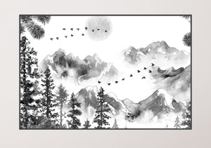 GM012F Grace & Gardenia Chinese Ink Landscape Premium Peel and Stick Mural 69 inch wide x 46 inch height Black White Gray