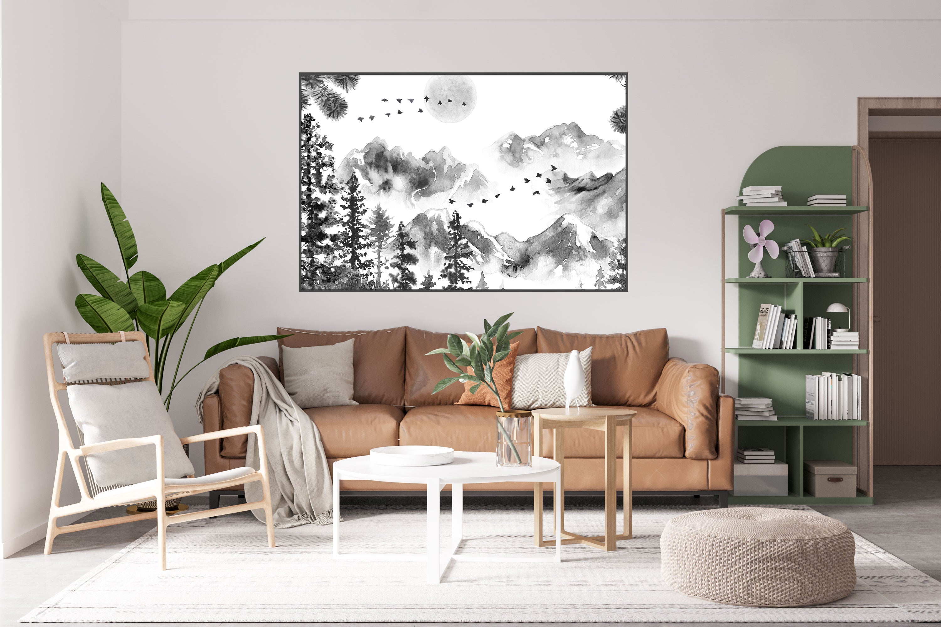 GM012F Grace & Gardenia Chinese Ink Landscape Premium Peel and Stick Mural 69 inch wide x 46 inch height Black White Gray