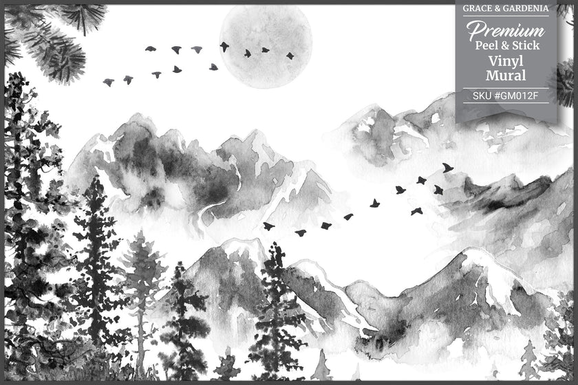 GM012F Grace & Gardenia Chinese Ink Landscape Premium Peel and Stick Mural 69 inch wide x 46 inch height Black White Gray
