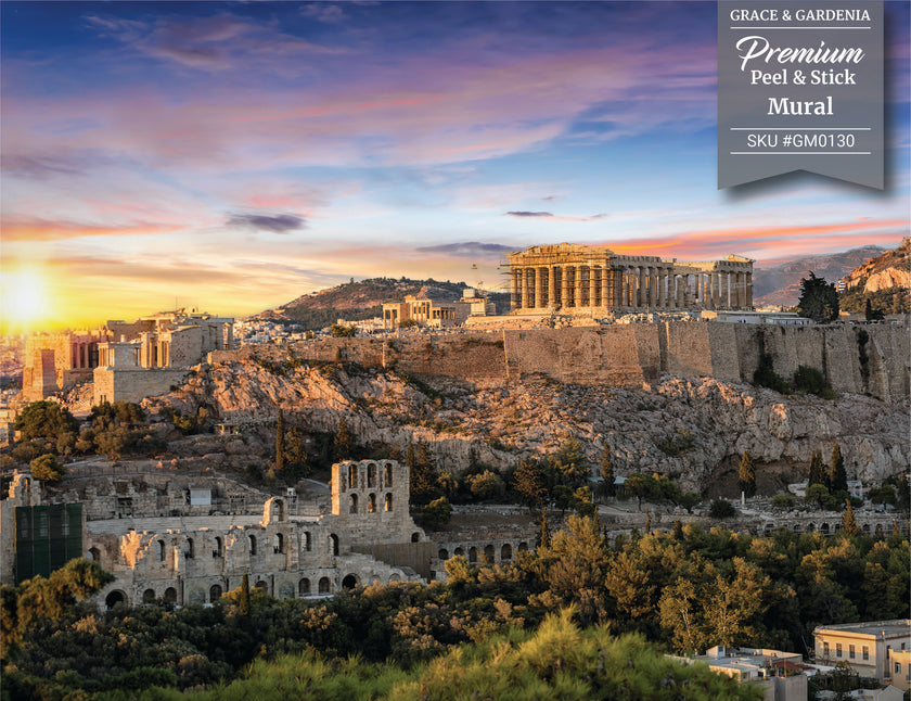 GM0130 Grace & Gardenia Parthenon Premium Peel and Stick Mural 13ft. wide x 10ft. height, Blue Yellow Green Cream